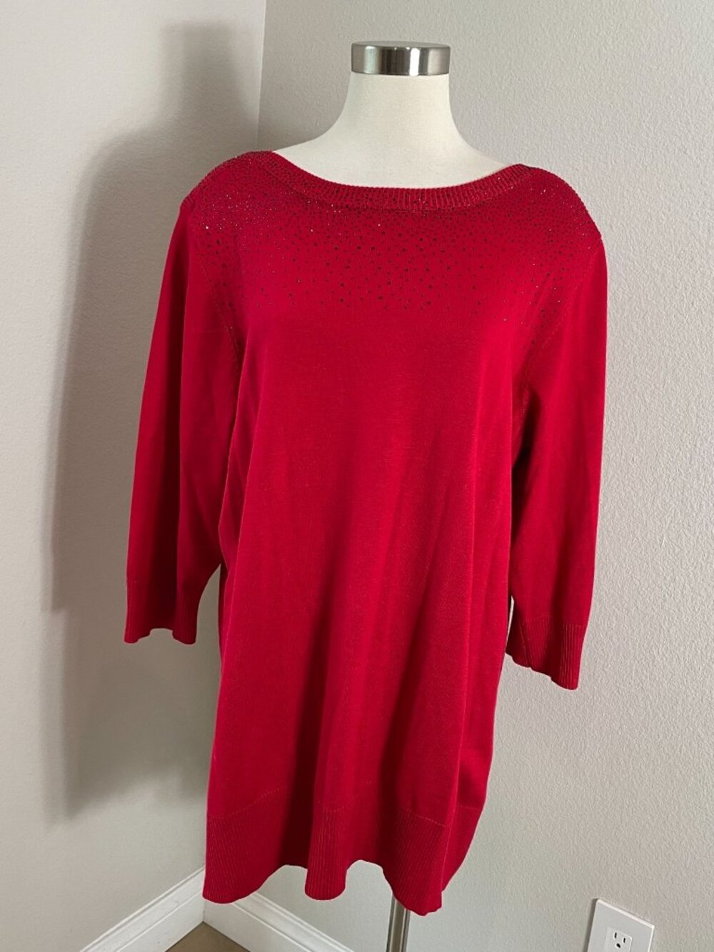 NEW Cable &‎ Gauge Plus 3X Red Long Sleeve Knit Tunic Top Rhinestone Accent Knit